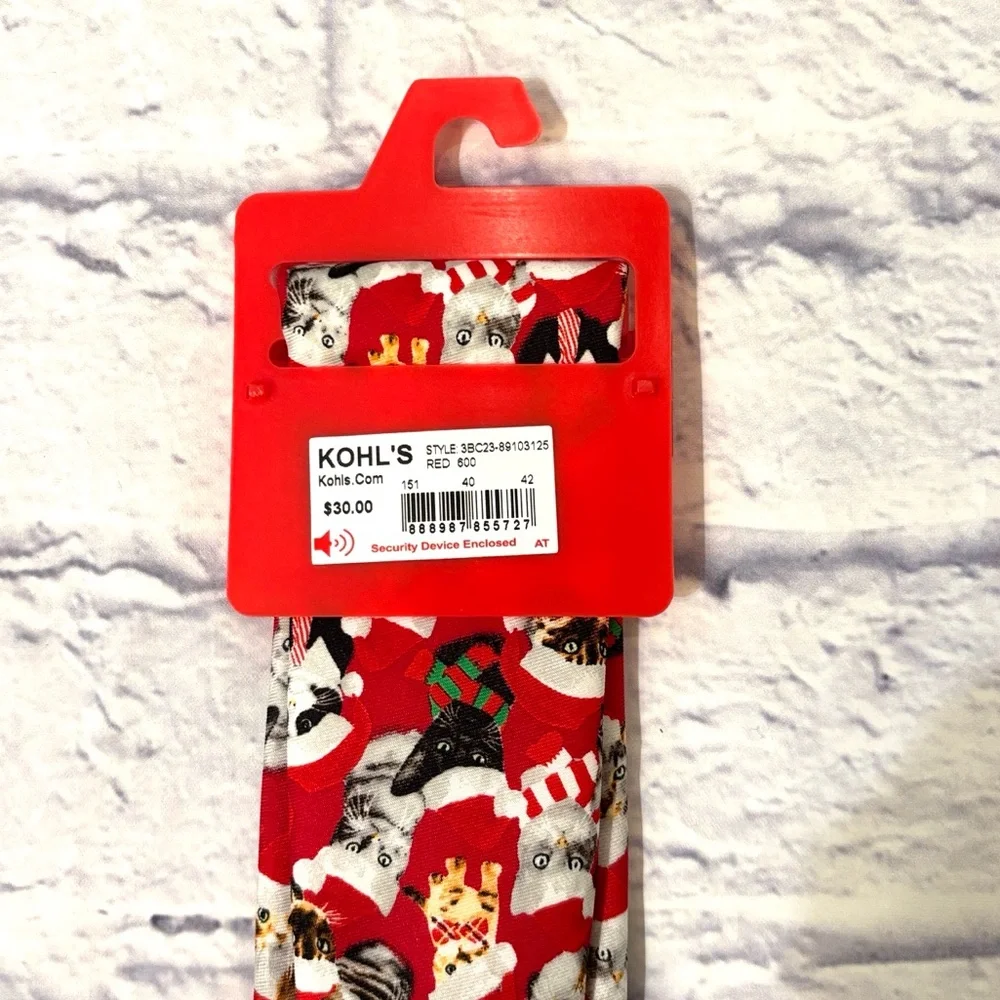 Bespoke Christmas Cats Holiday Tie Red Tie with Kitties Wearing Santa Hats NWT